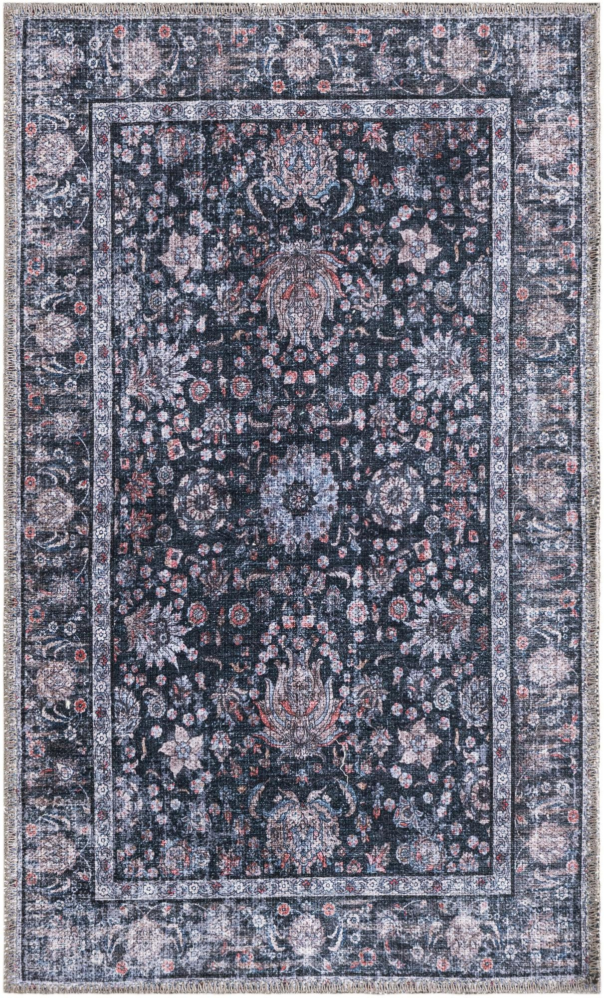 2' x 3' Bertie · Distressed floral Washable Rug, ink and ivory