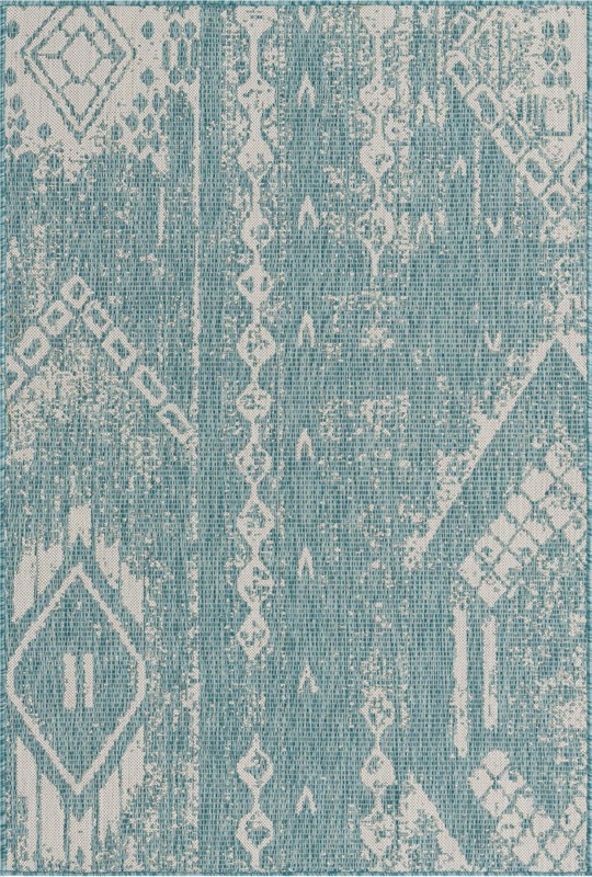 4' x 6' Wildman · Tribal geometric Outdoor Rug, aqua and ivory