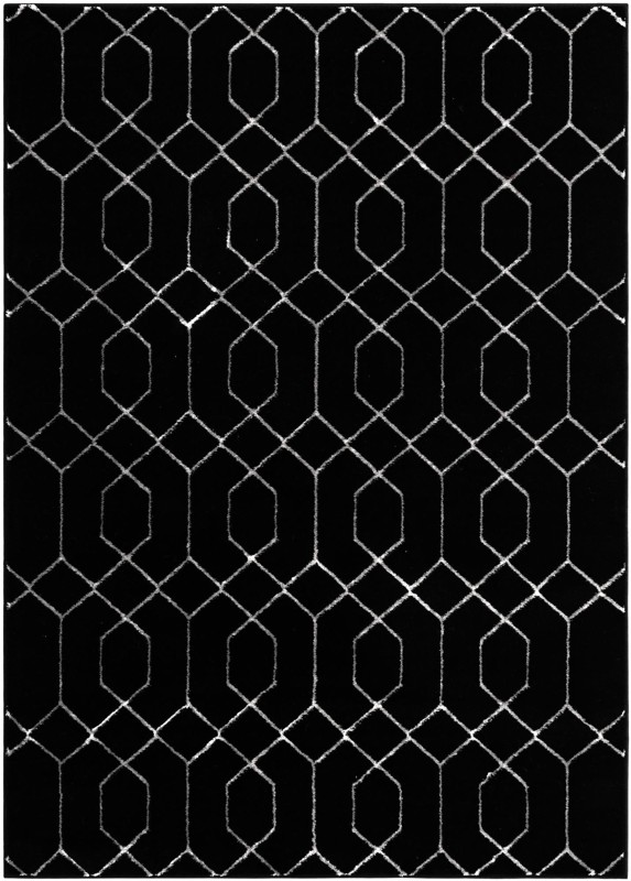5' 3 x 7' Cowley · Geometric trellis rug, black and silver