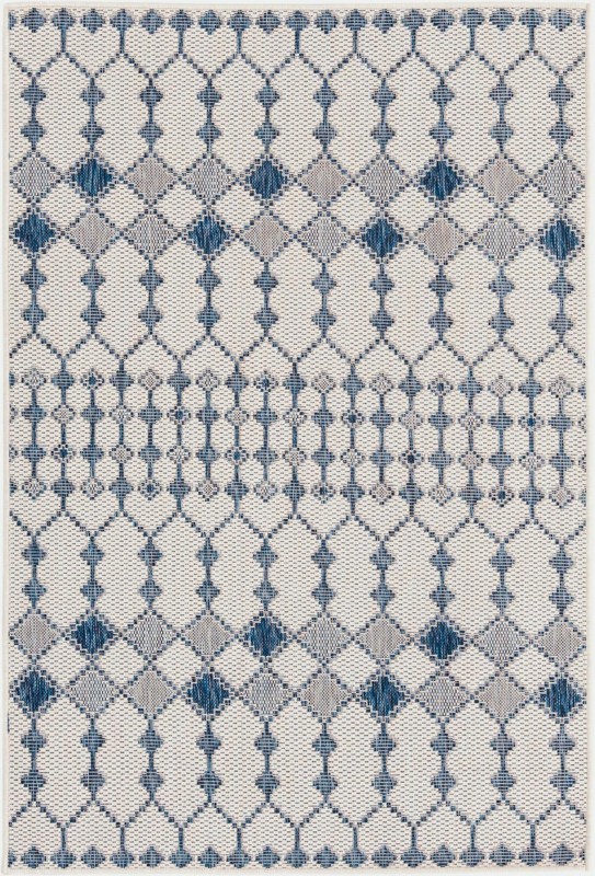 4' x 6' Ramsden · Geometric lattice Outdoor Rug, blue and ivory