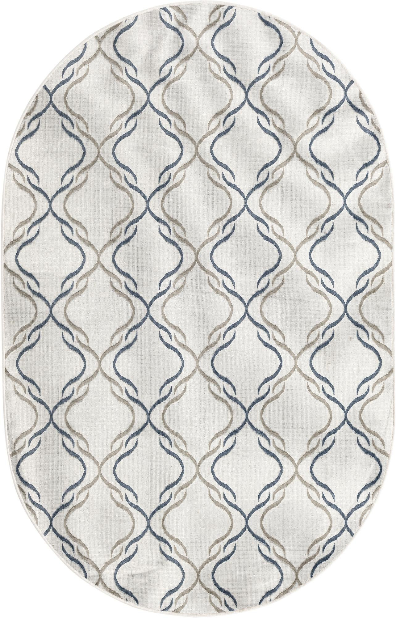 5' 3 x 8' Comstock · Lattice Outdoor Rug, ivory, blue, and gray