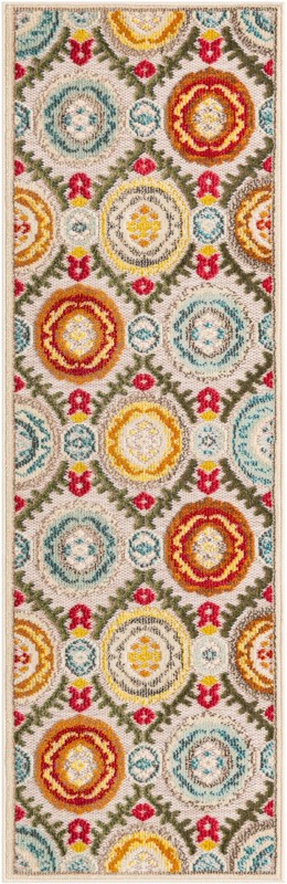 2' x 6' Quincy · Medallion Outdoor Rug, ivory and multicolor