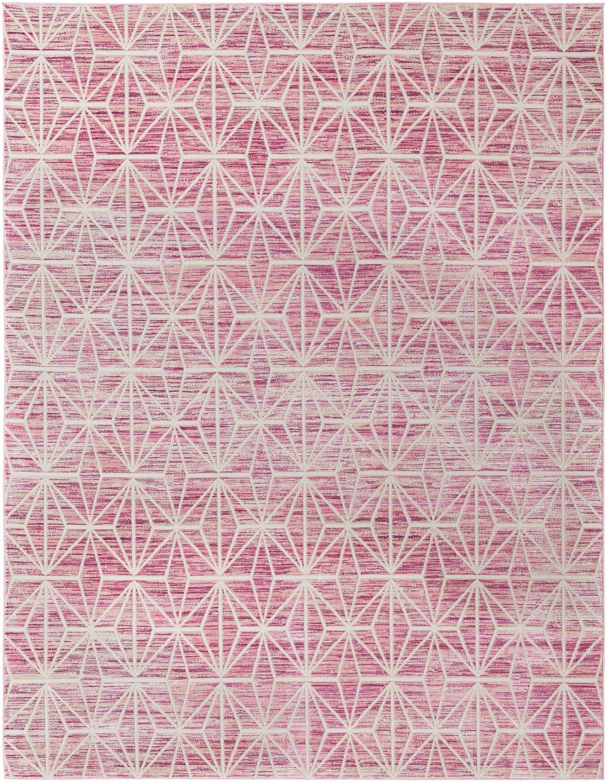 7' 10 x 10' Deerbrush · Geometric diamond rug, pink and ivory