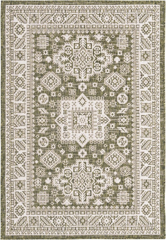 4' x 6' Bellamy · Geometric medallion Outdoor Rug, green and ivory