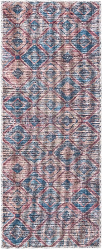2' x 5' Torrance · Geometric diamond Washable Rug, peach and blue