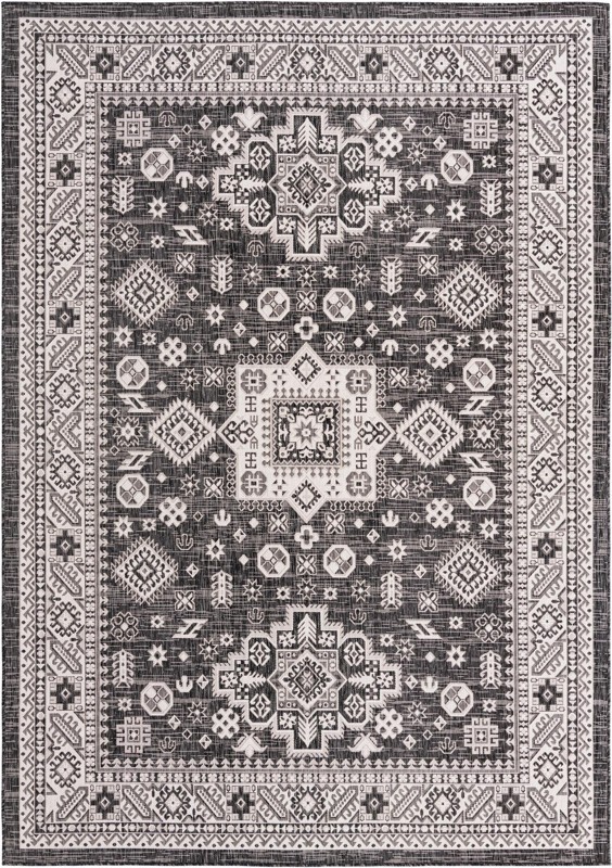 7' 10 x 11' Bellamy · Tribal medallion Outdoor Rug, charcoal and ivory