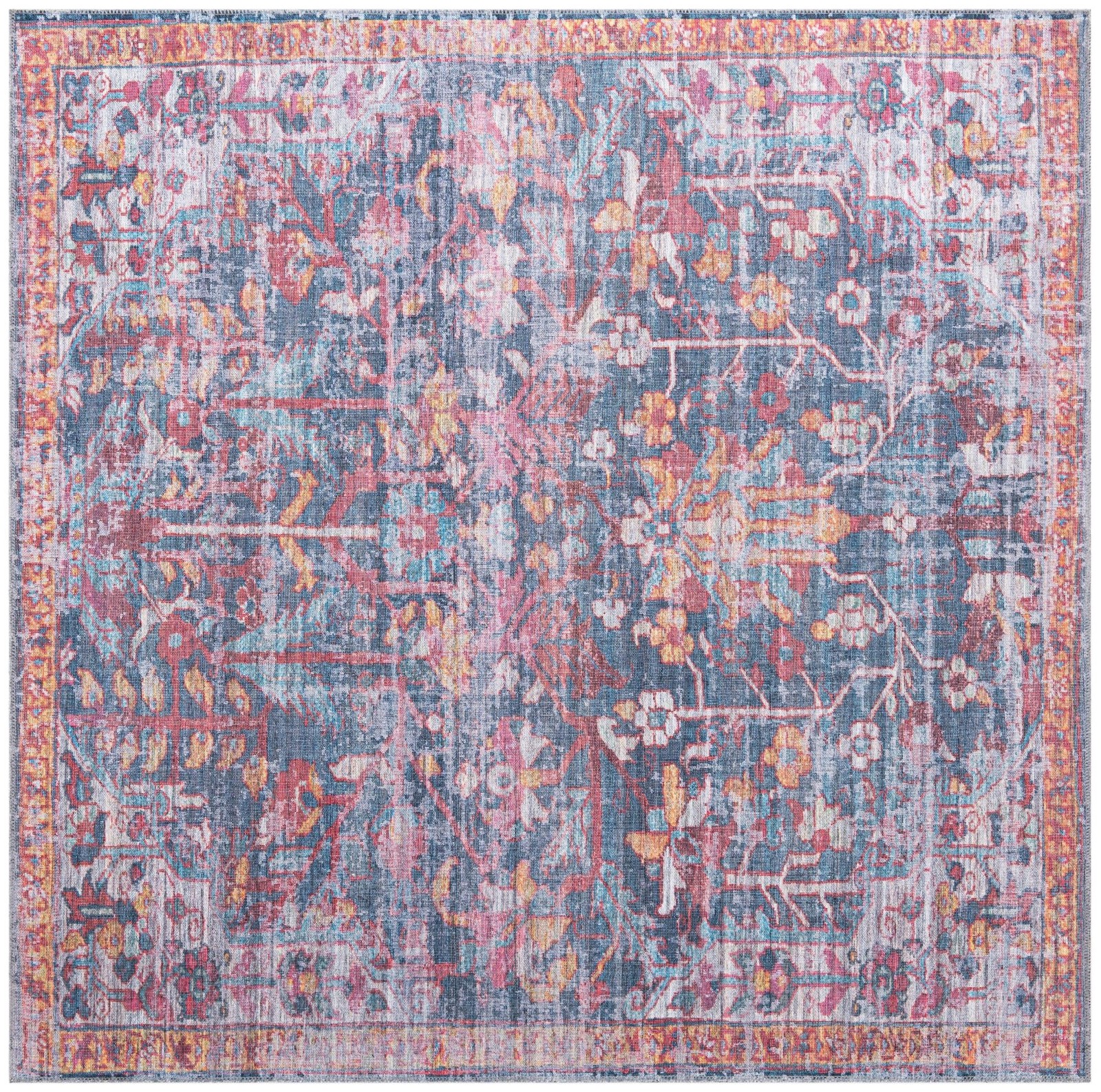 7' 3 x 7' 3 Massey · Distressed floral Washable Rug, navy and rust