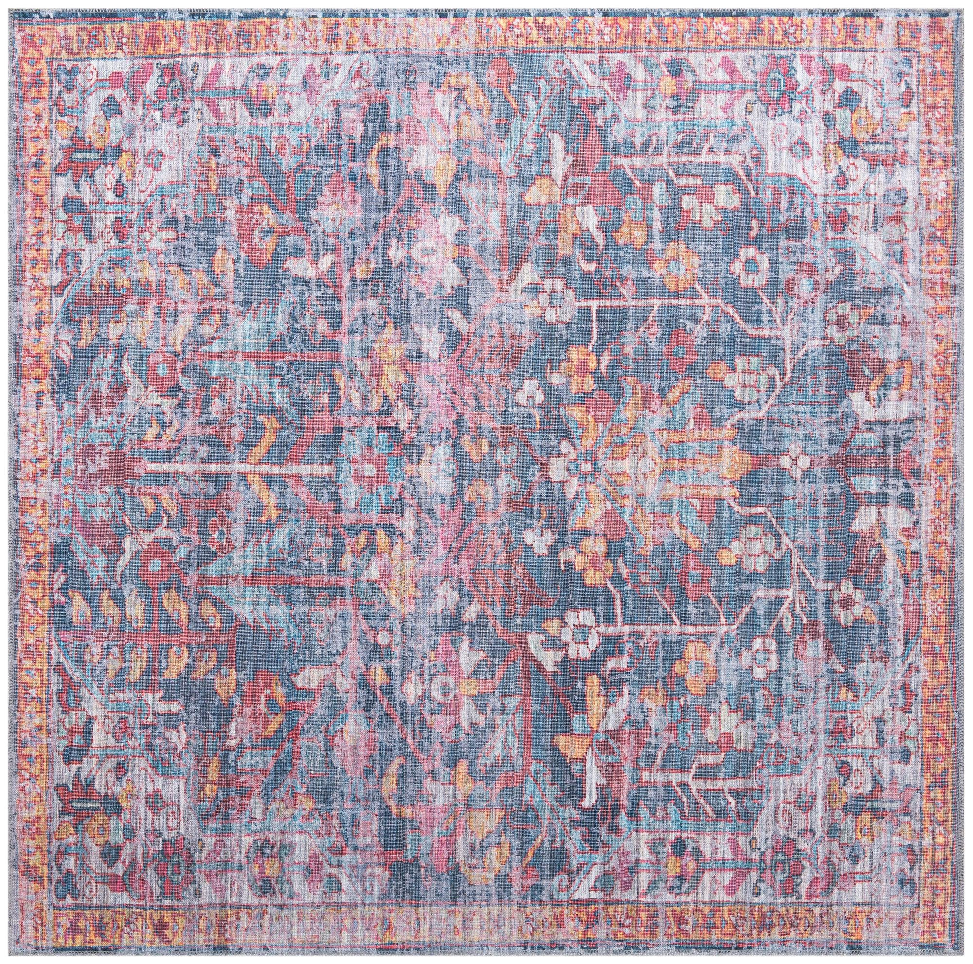 7' 3 x 7' 3 Massey · Distressed floral Washable Rug, navy and rust