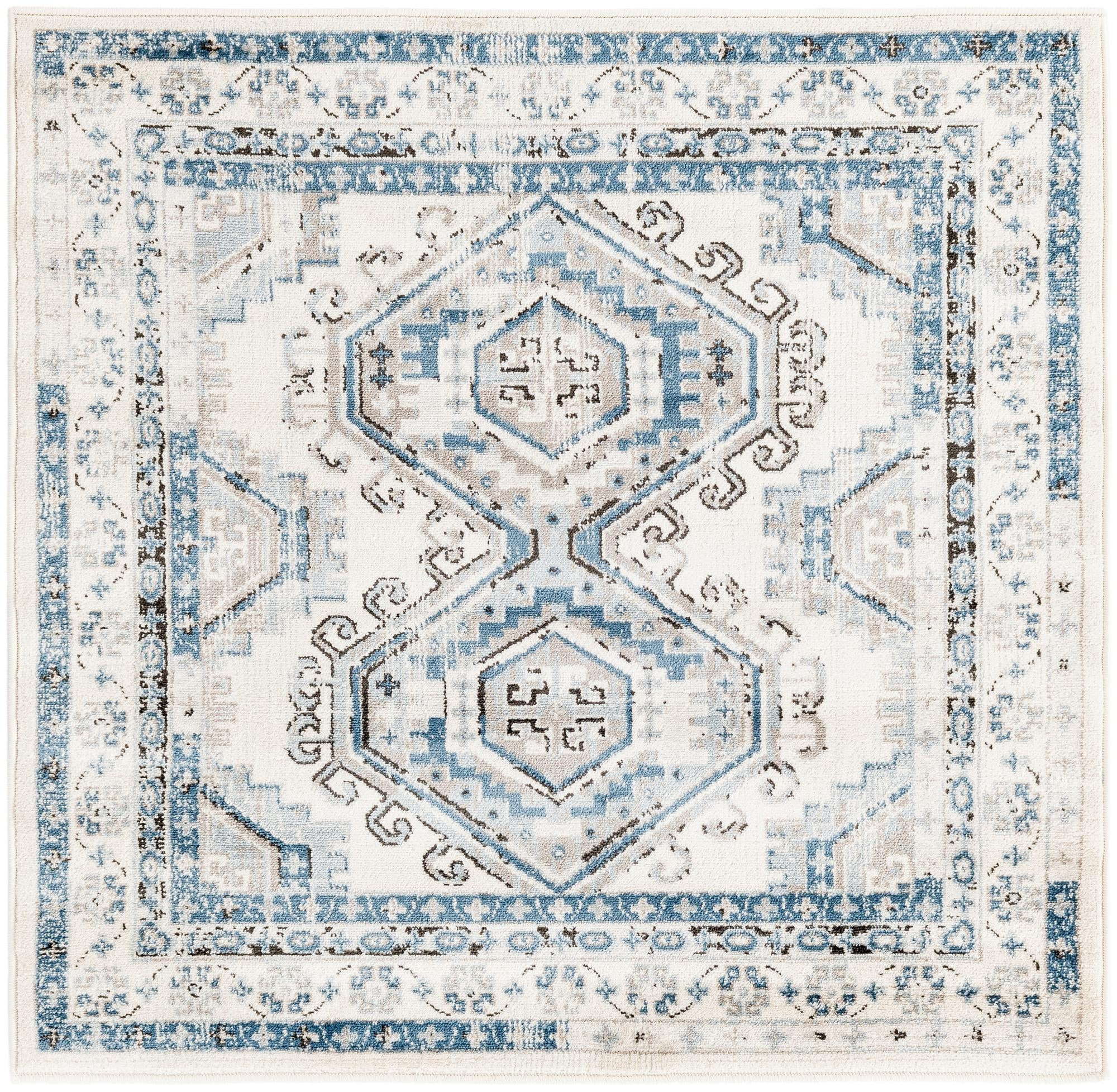 4' x 4' Harmon · Geometric medallion rug, aqua and ivory