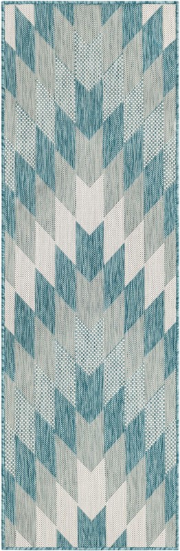 2' x 6' Morrell · Chevron Outdoor Rug, aqua and ivory