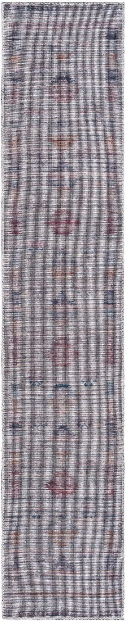2' x 10' Bascom · Faded tribal Washable Rug, gray and burgundy