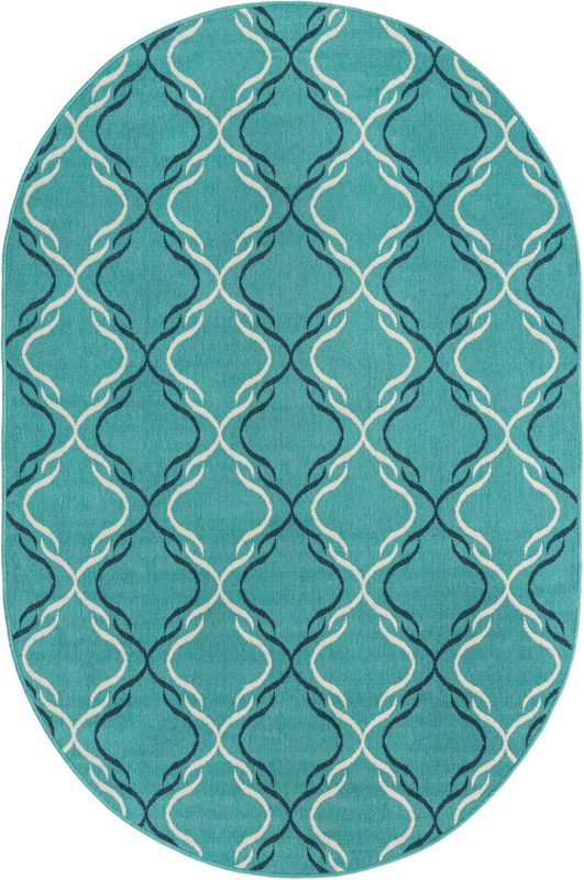 Comstock · Geometric lattice Outdoor Rug, teal and ivory