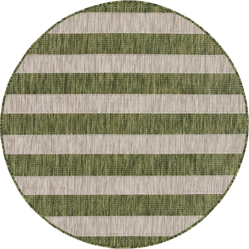 4' x 4' Dahlia · Striped Outdoor Rug, olive green and gray
