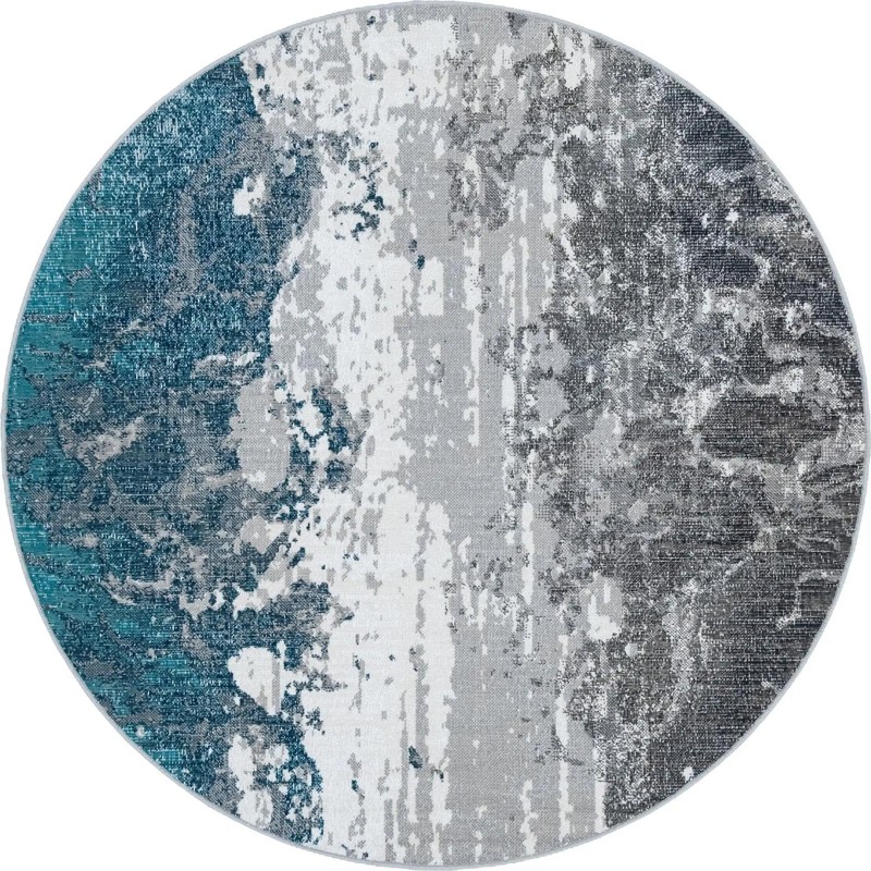 5' 3 x 5' 3 Bittern · Abstract rug, teal, gray and ivory