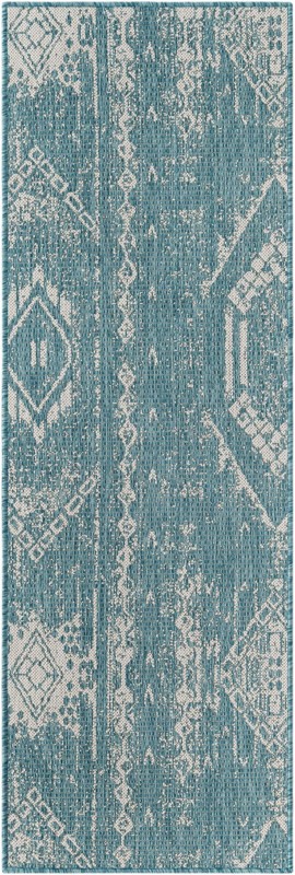 2' x 6' Wildman · Tribal geometric Outdoor Rug, aqua and ivory