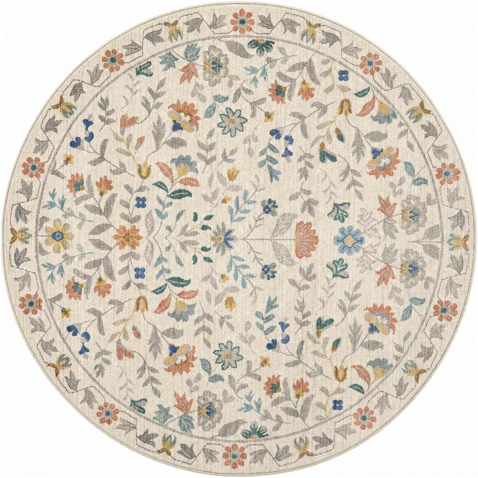 5' x 5' Coriander · Floral rug, ivory, terracotta and blue