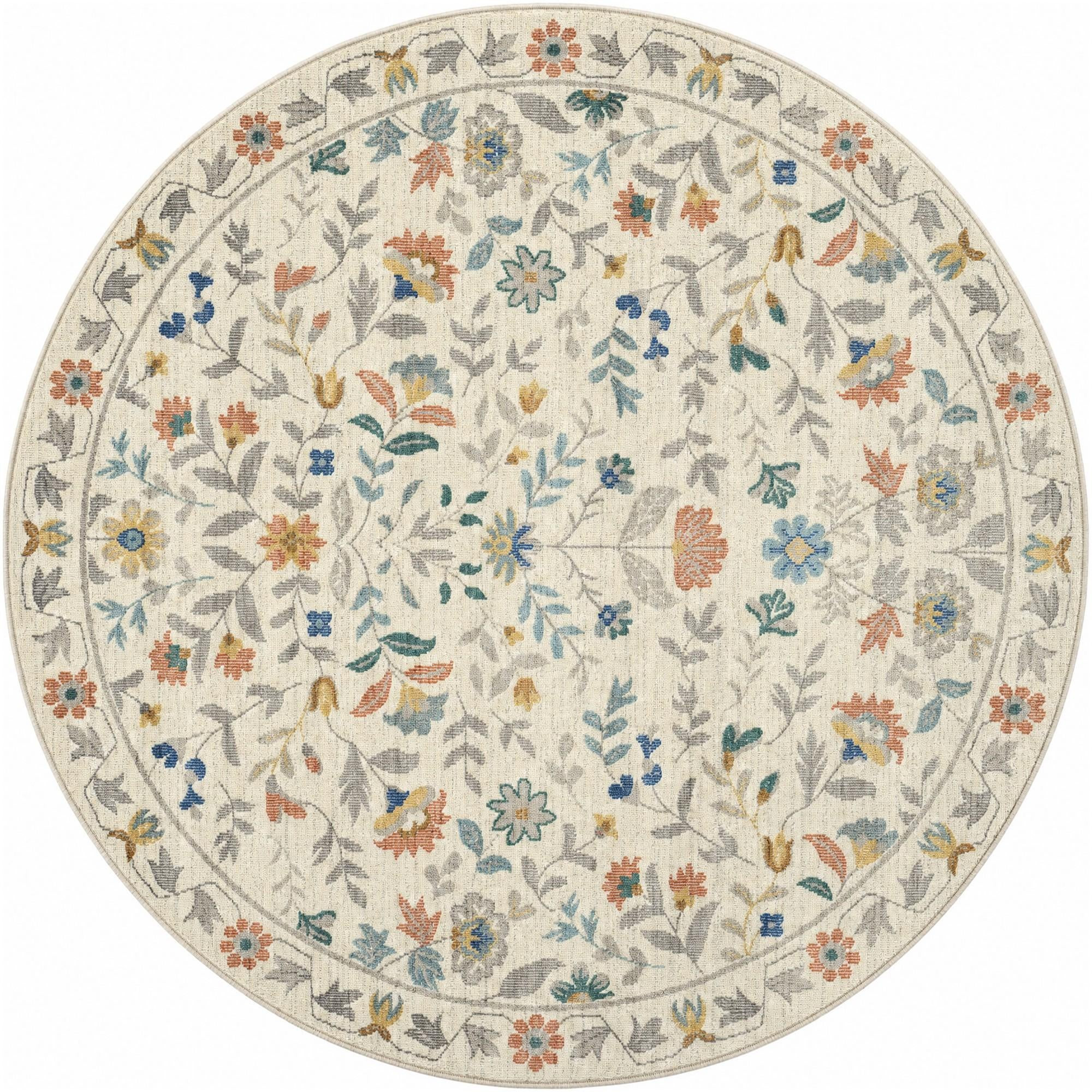 5' x 5' Coriander · Floral rug, ivory, terracotta and blue