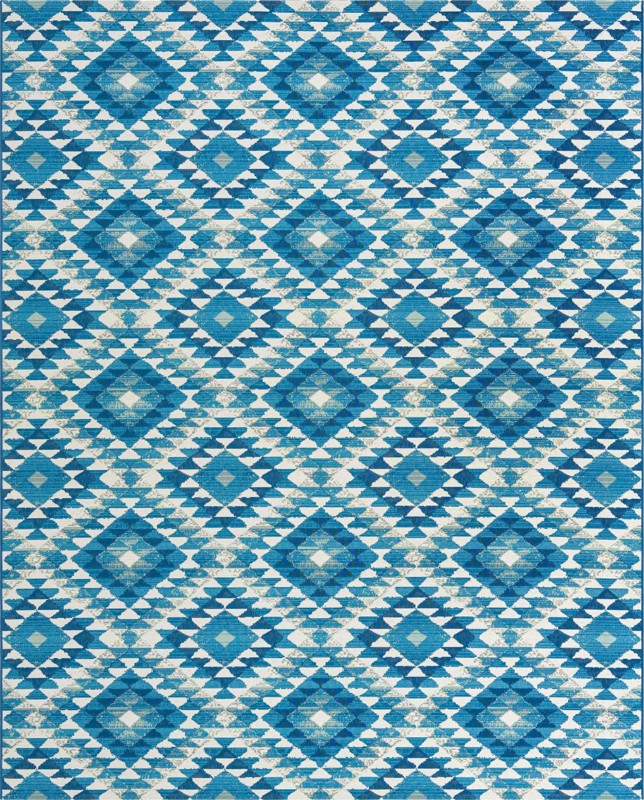 7' 10 x 10' Lomax · Geometric diamond Outdoor Rug, blue and ivory