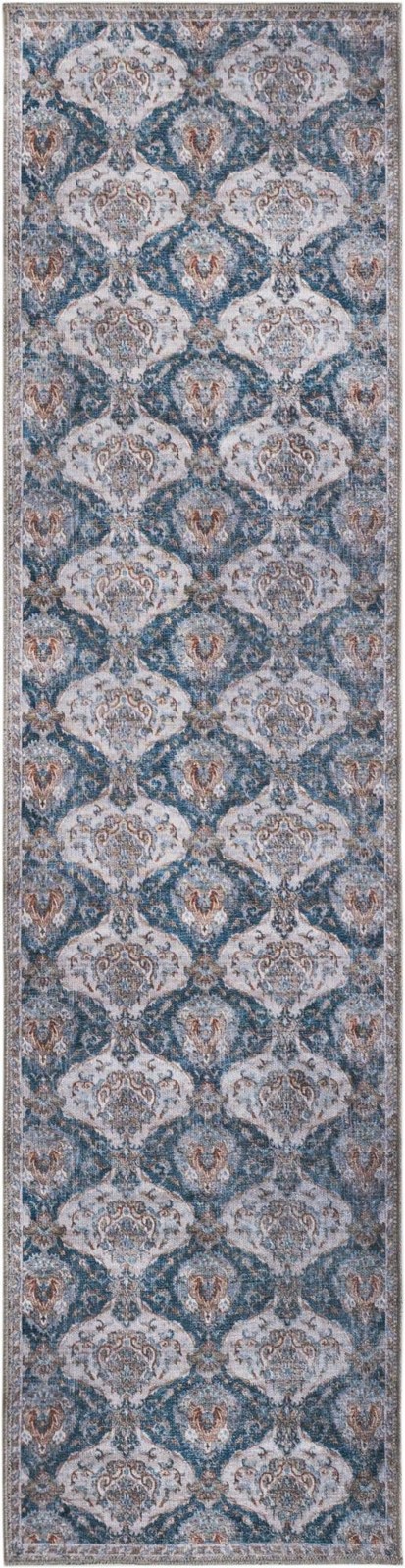 2' x 8' McCall · Damask rug, blue and ivory