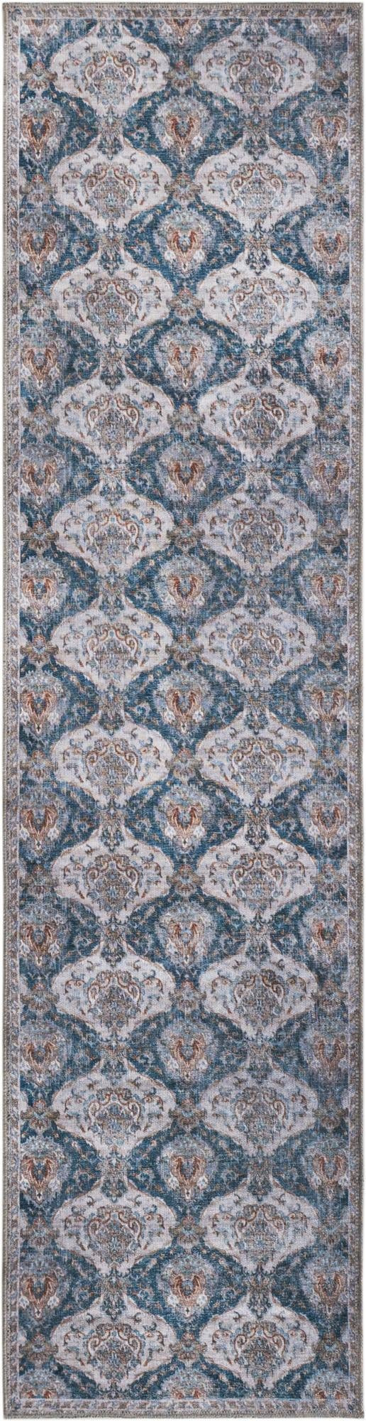 2' x 8' McCall · Damask rug, blue and ivory