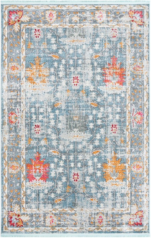 Calm · Distressed floral rug, blue and orange
