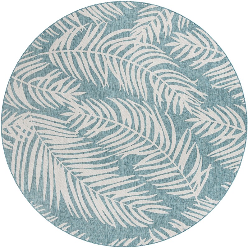 10' 8 x 10' 8 Moody · Palm leaf Outdoor Rug, aqua and ivory