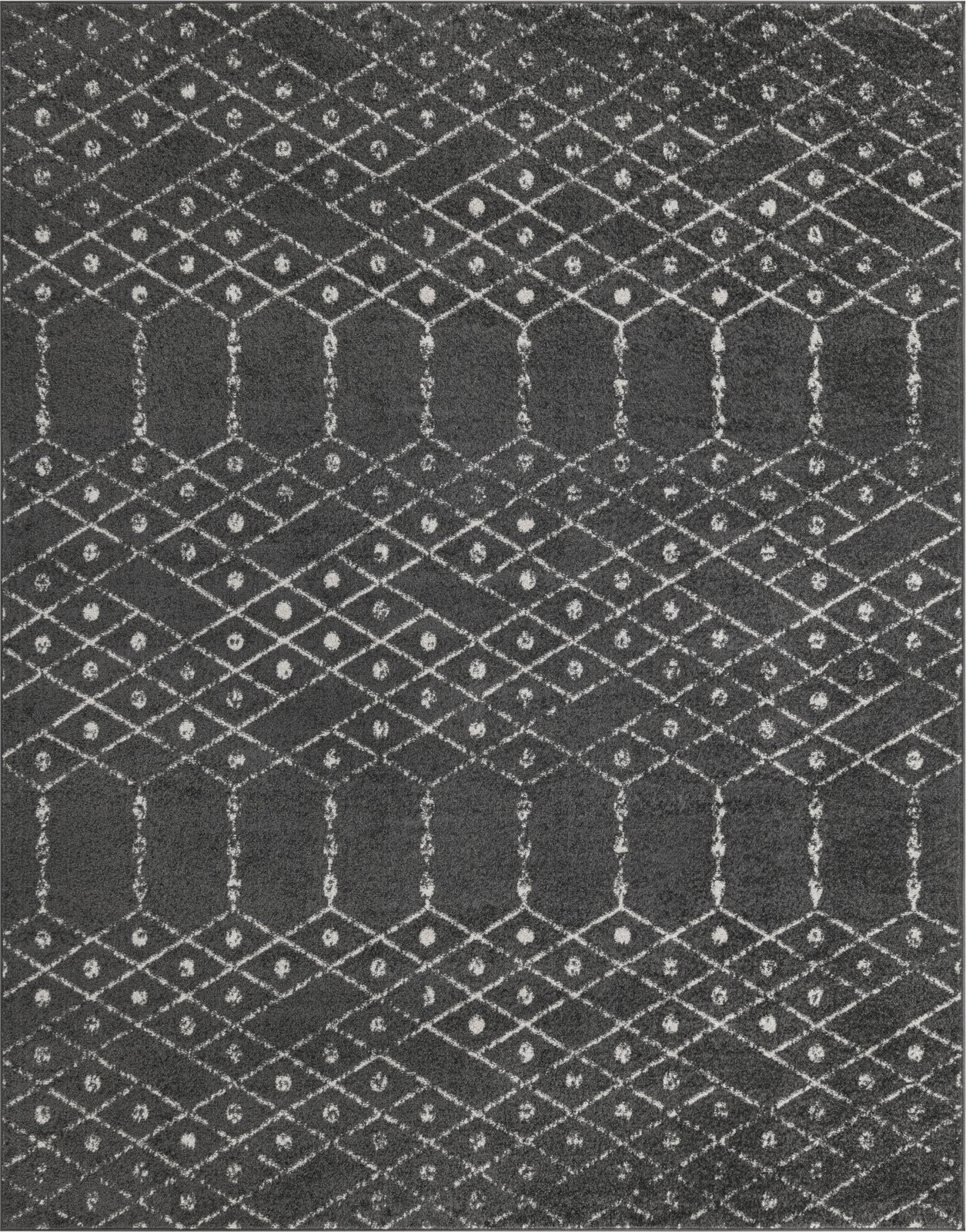 7' 10 x 10' Newcomb · Geometric lattice rug, charcoal and ivory