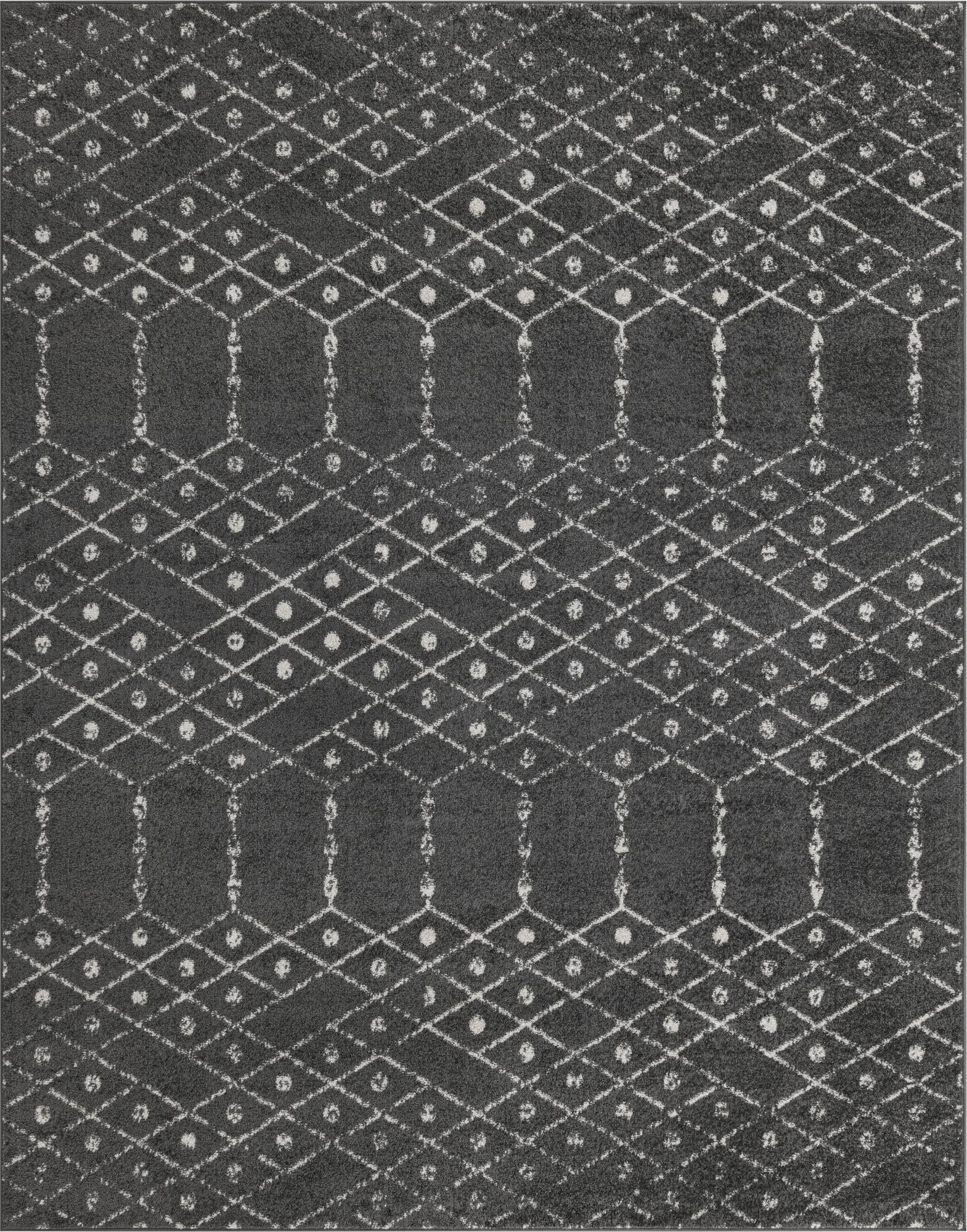 7' 10 x 10' Newcomb · Geometric lattice rug, charcoal and ivory