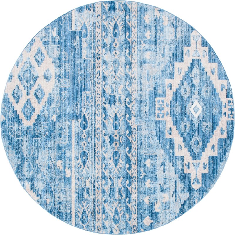 8' x 8' Quinn · Distressed diamond rug, blue and beige