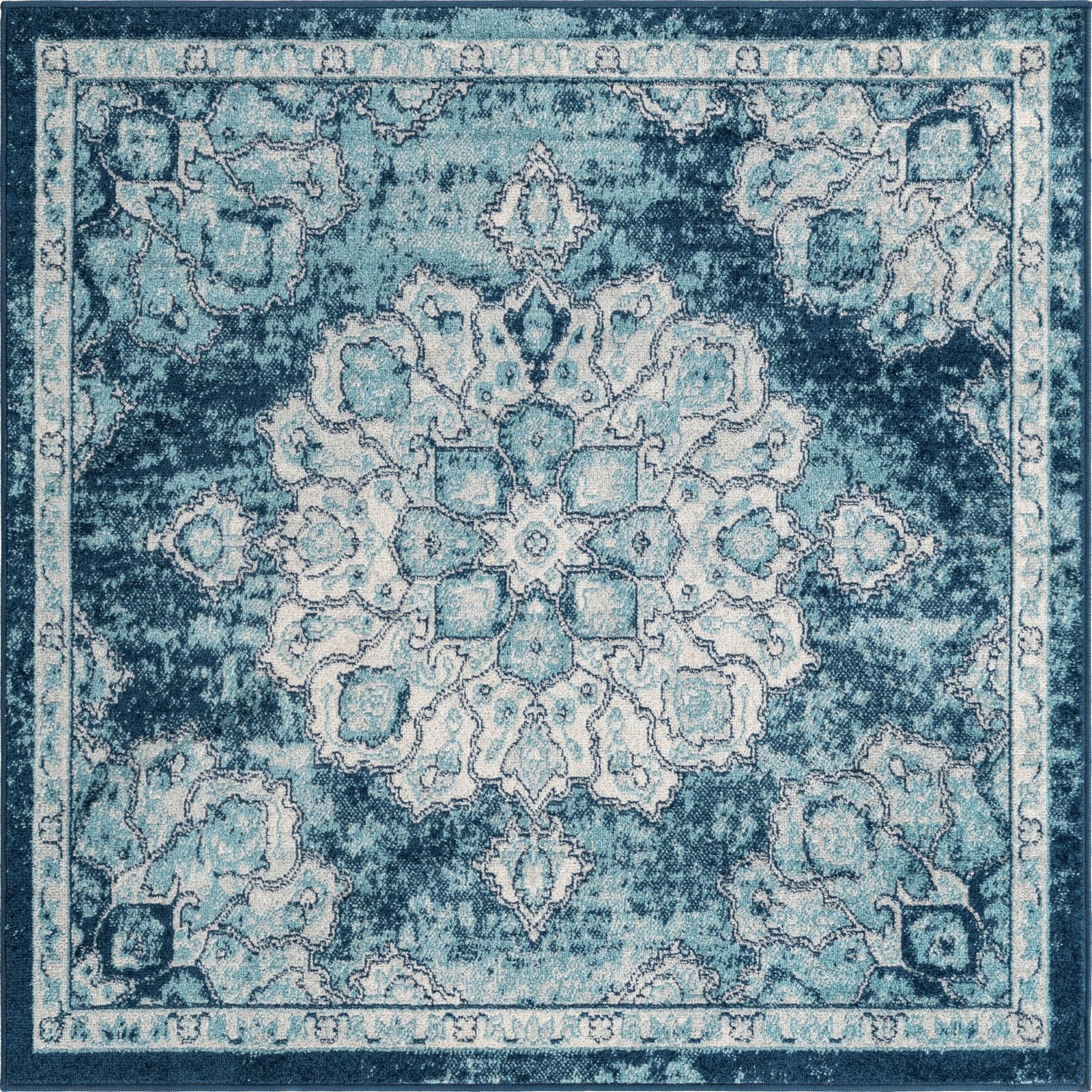 5' x 5' Nettle · Distressed medallion rug, blue and ivory