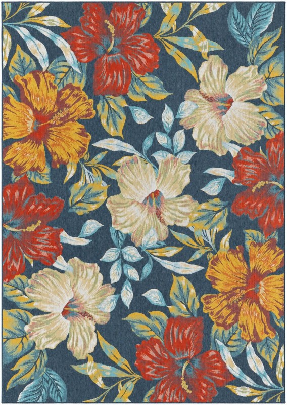 10' x 14' Bickford · Tropical floral Outdoor Rug, navy and yellow