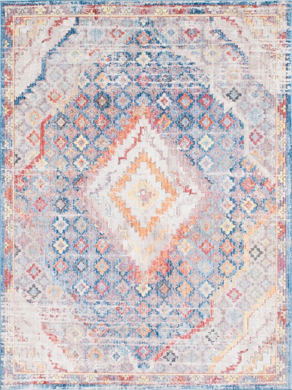 9' x 12' 2 Hickorywood · Distressed medallion rug, blue and multicolor