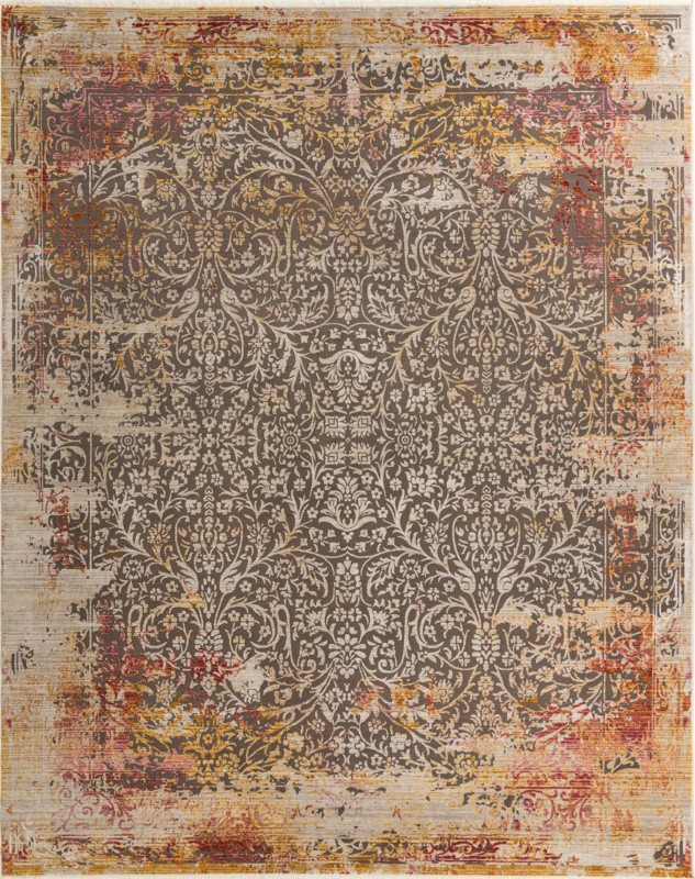 9' x 11' 7 Harding · Distressed floral rug, gray and red