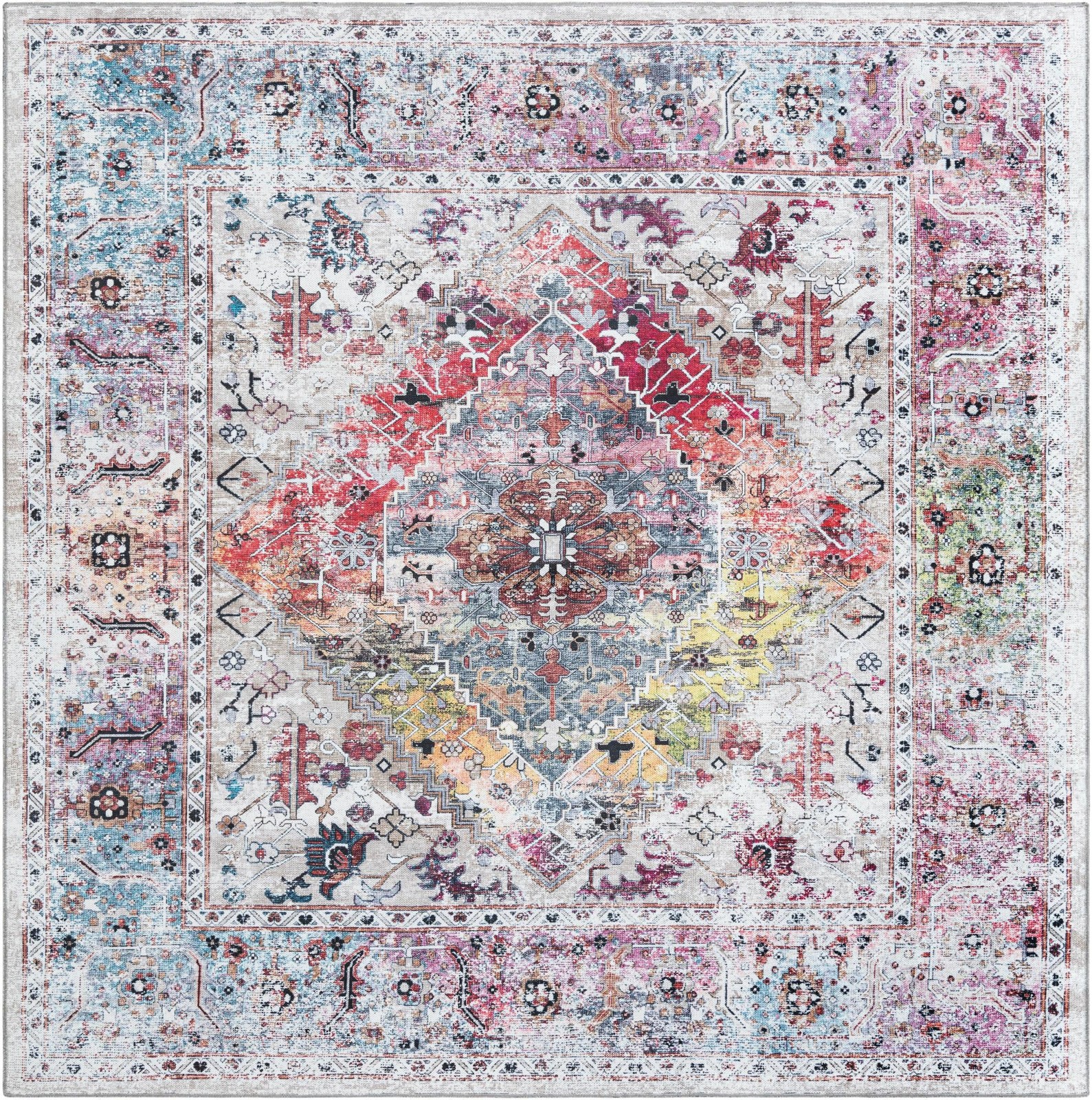 7' 10 x 7' 10 Trillium · Distressed medallion Washable Rug, ivory and multi