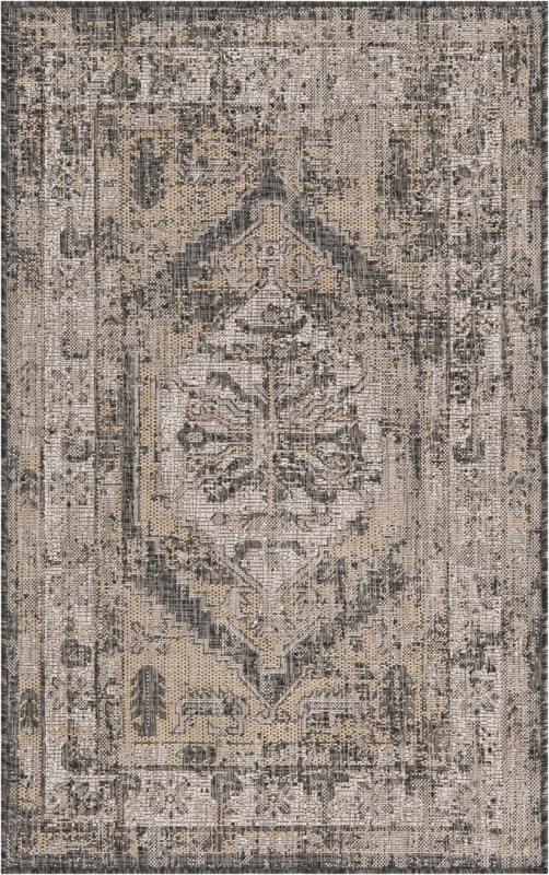 Wylie · Distressed medallion Outdoor Rug, charcoal and beige