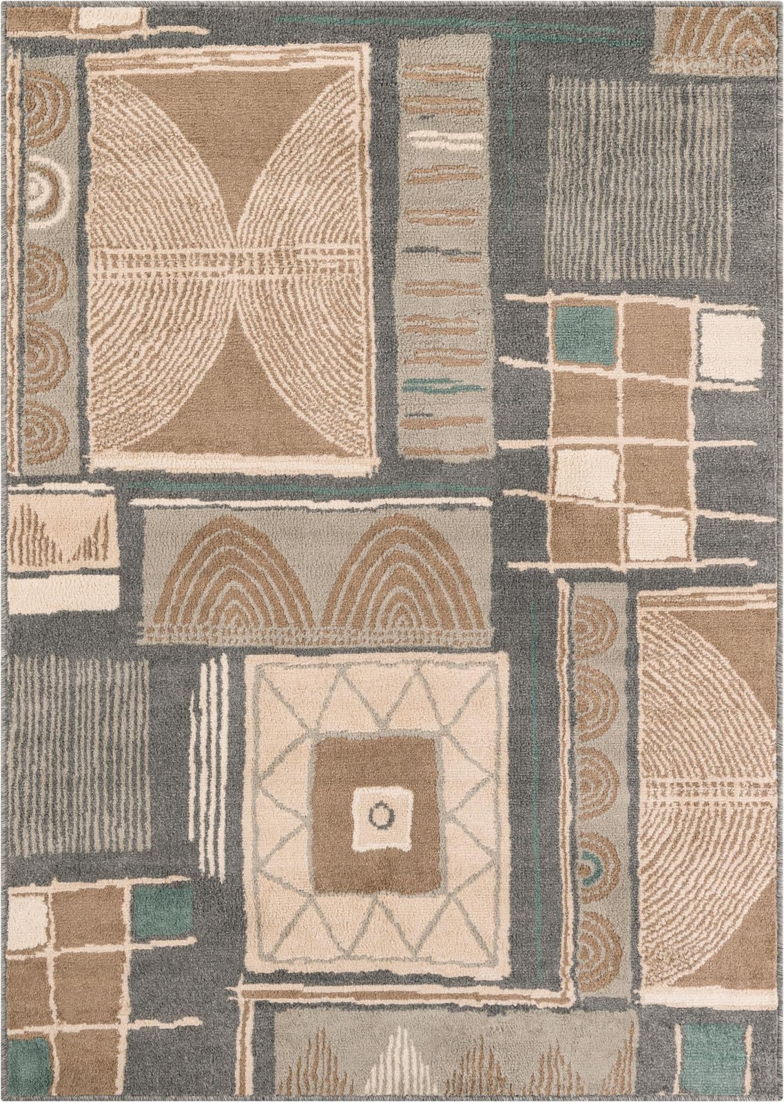 5' x 7' Yeats · Geometric abstract rug, brown and gray