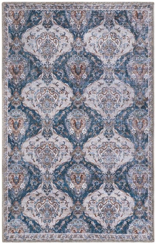 2' x 3' McCall · Damask rug, blue and ivory