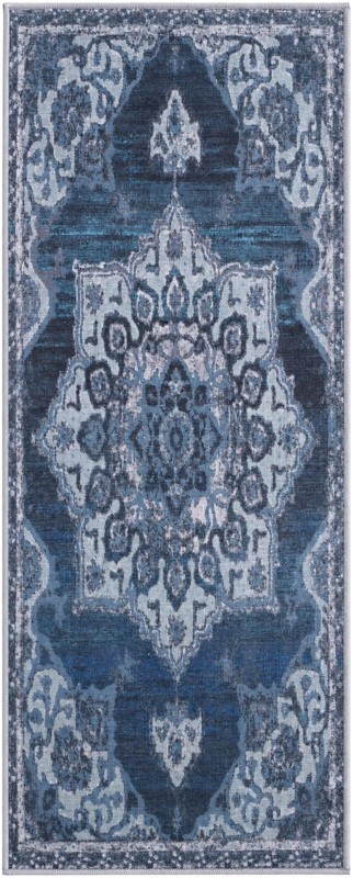 2' x 5' Rideout · Medallion rug, navy and light blue