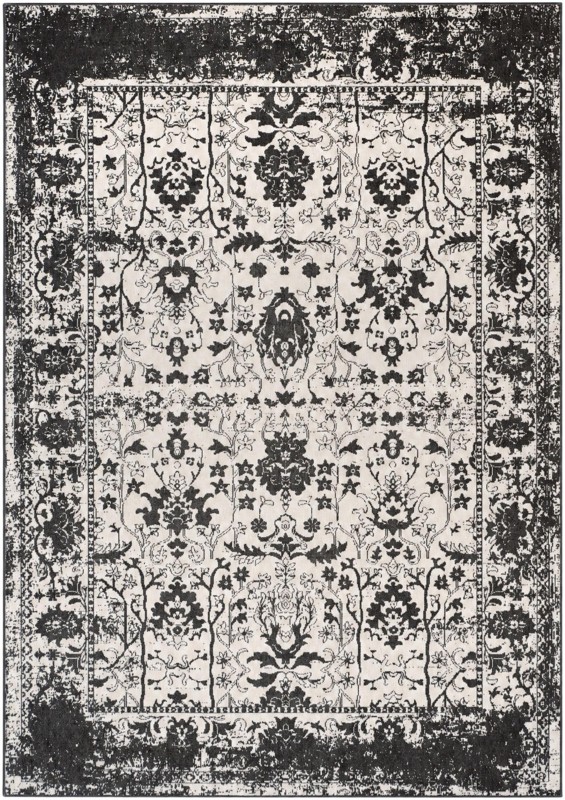 7' x 10' Sandys · Distressed traditional Washable Rug, black and white