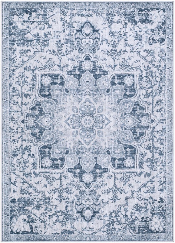 5' x 7' Rideout · Distressed medallion rug, gray and ivory