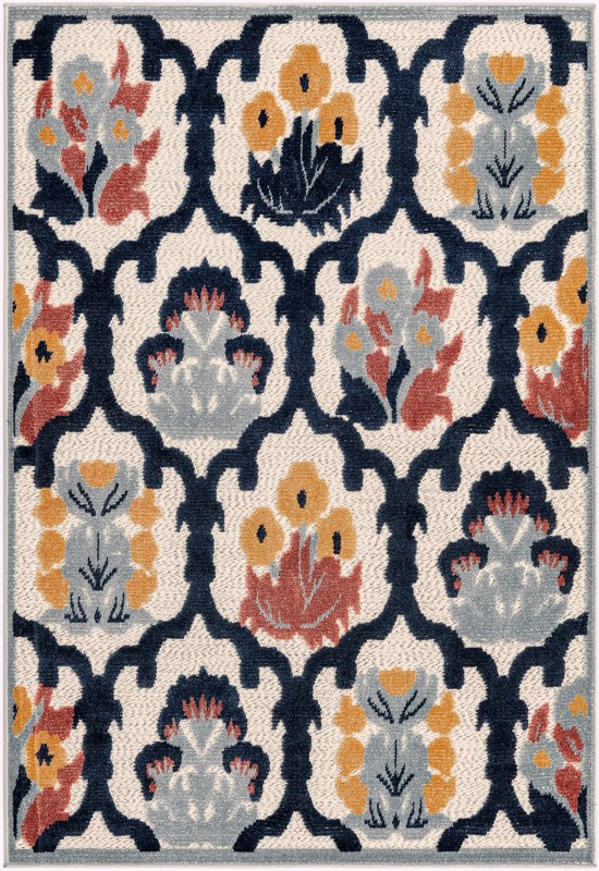 4' x 6' Bandera · Floral lattice Outdoor Rug, ivory and navy