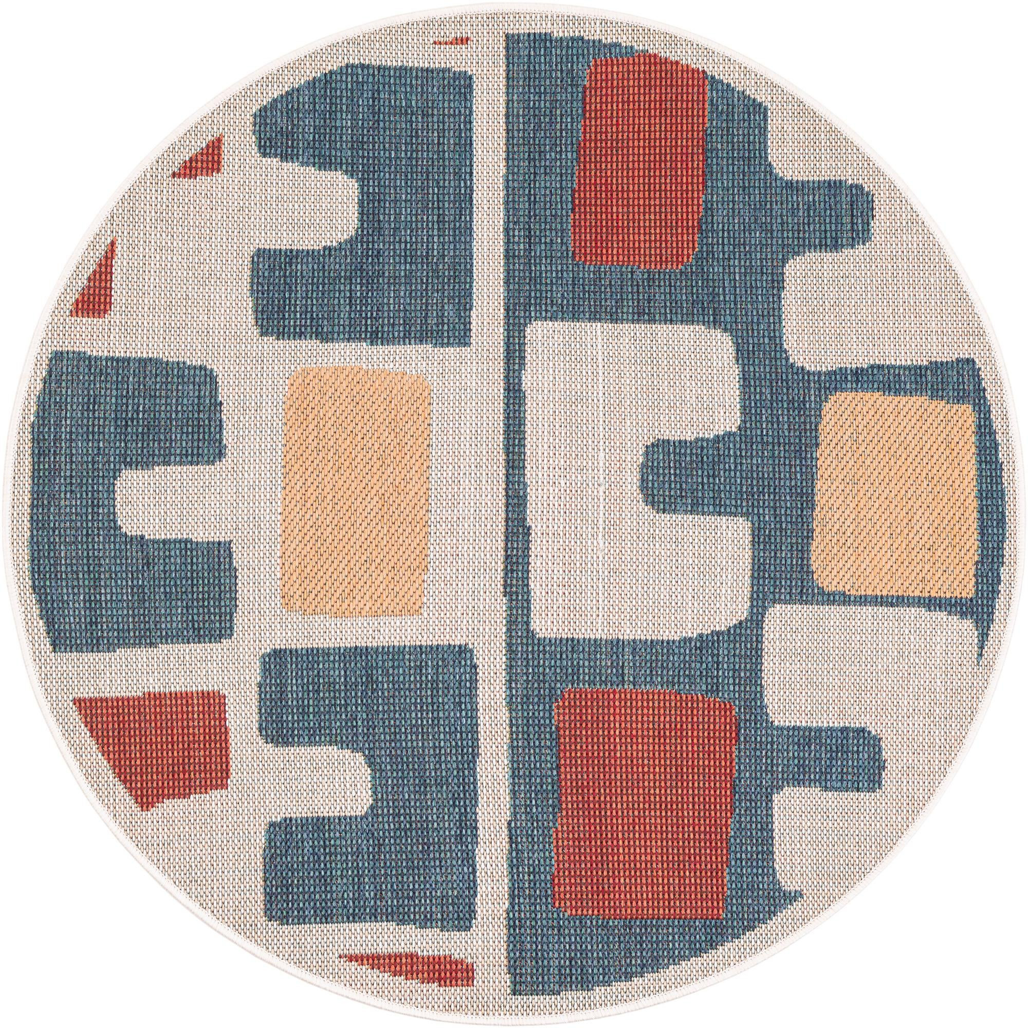 4' 1 x 4' 1 Wainwright · Abstract Outdoor Rug, ivory and blue