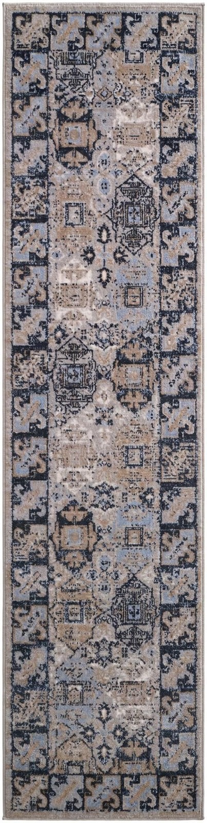 2' x 8' Orme · Geometric medallion Washable Rug, blue and beige