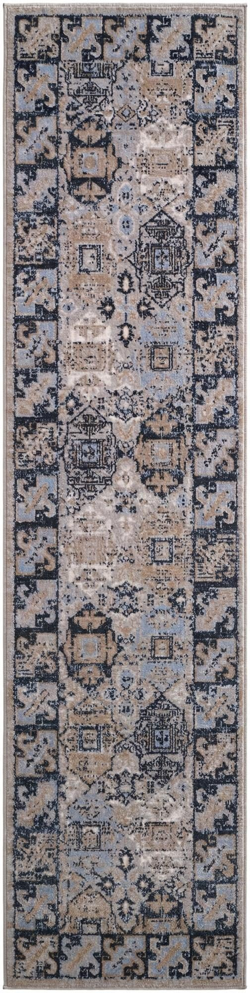 2' x 8' Orme · Geometric medallion Washable Rug, blue and beige
