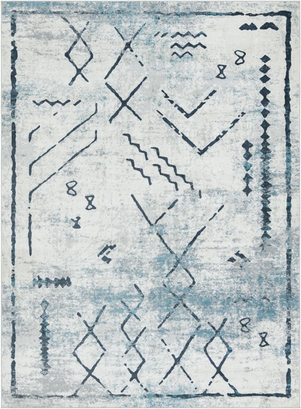 10' x 14' Platt · Tribal geometric Washable Rug, blue and ivory