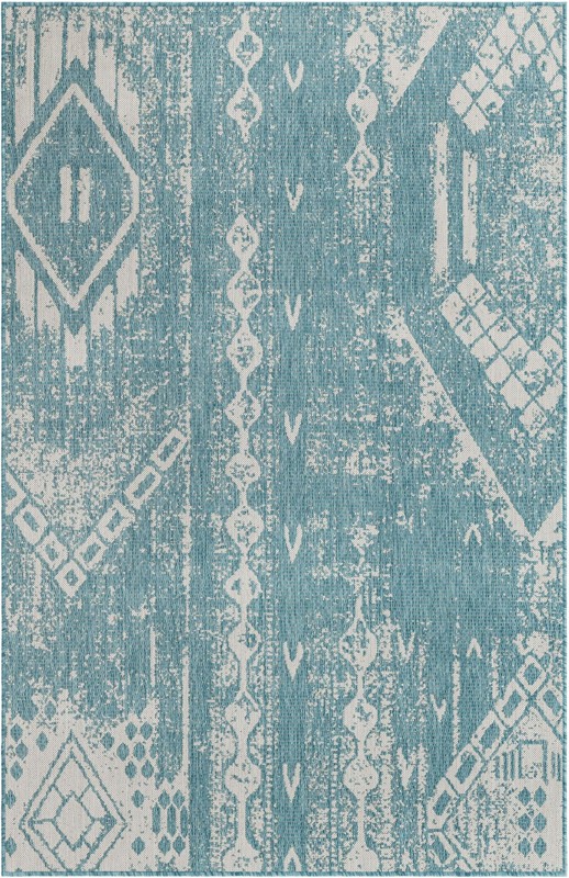 5' 3 x 8' Wildman · Tribal geometric Outdoor Rug, aqua and ivory