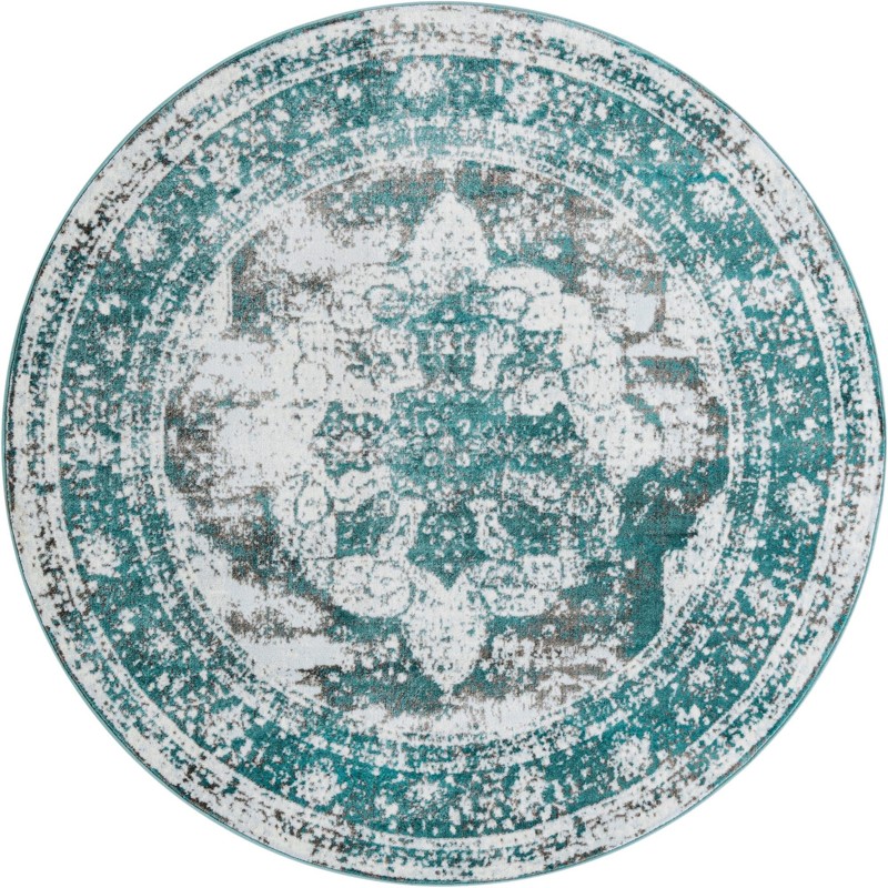 7' x 7' Blakemore · Distressed medallion rug, turquoise and ivory