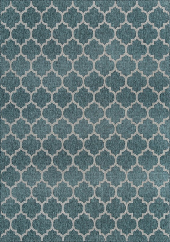 10' x 14' Fanshawe · Lattice Outdoor Rug, teal and gray