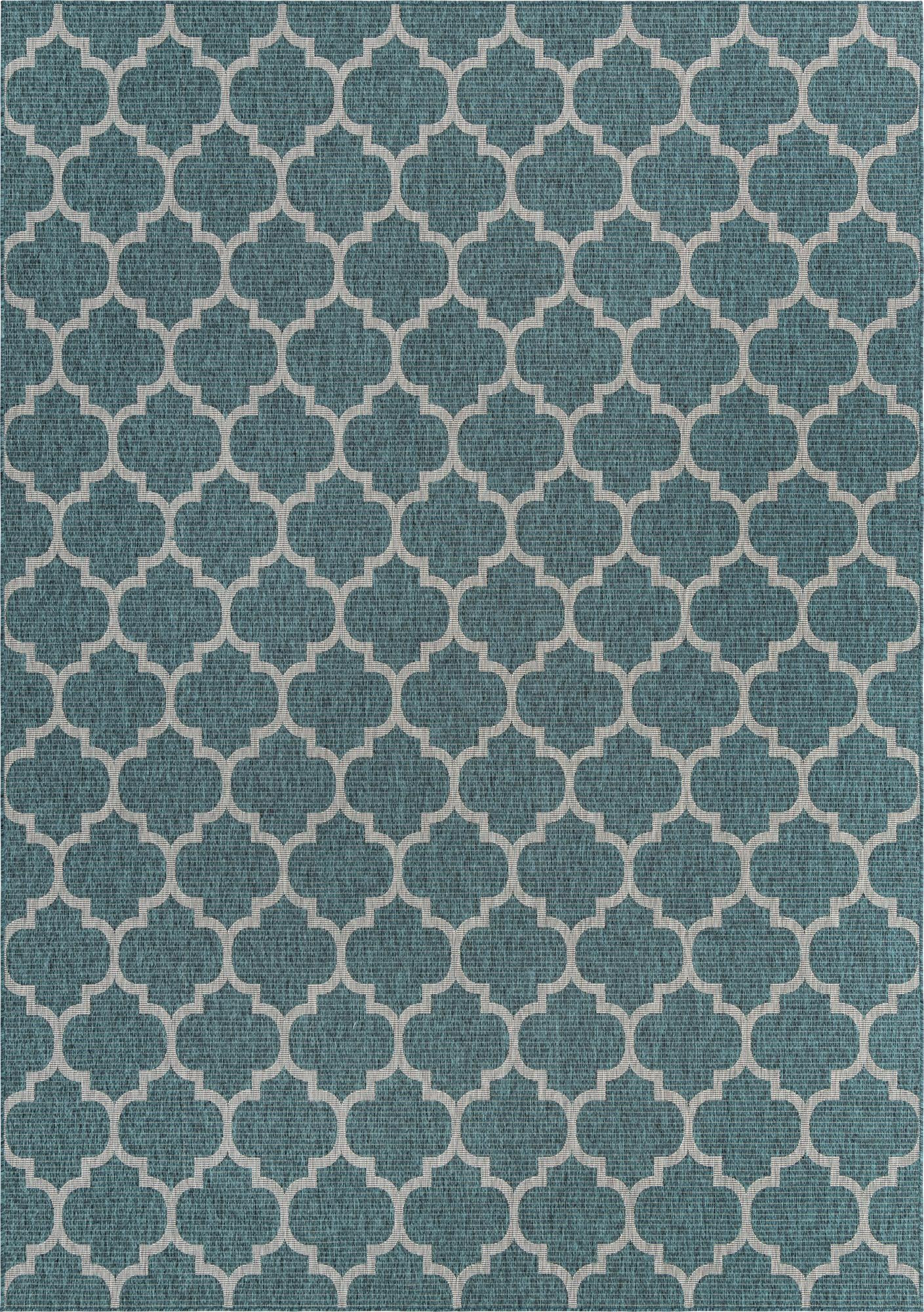 10' x 14' Fanshawe · Lattice Outdoor Rug, teal and gray