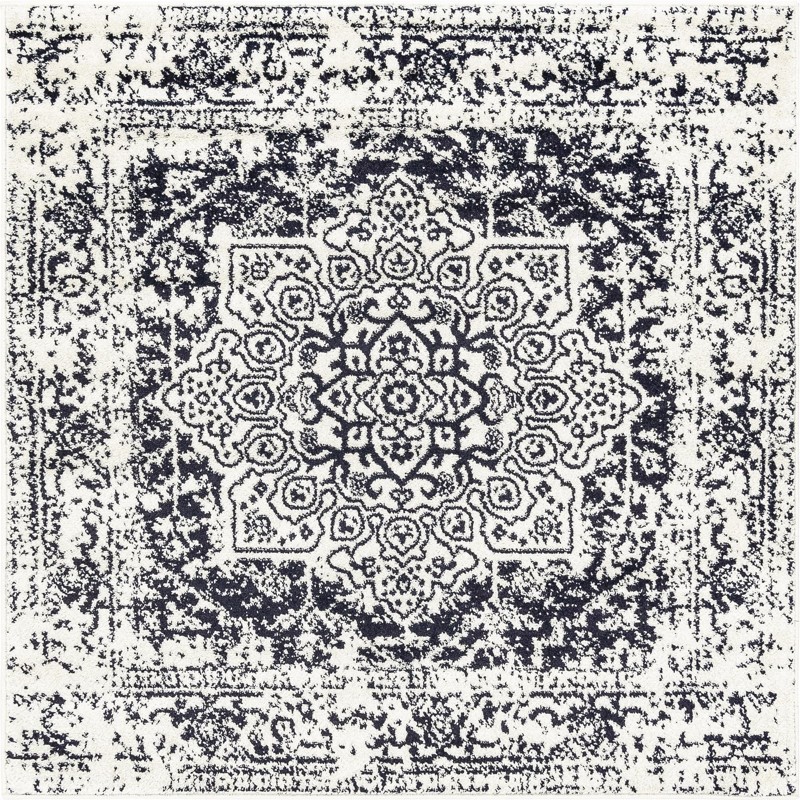 5' 3 x 5' 3 Birch · Distressed medallion rug, blue and ivory
